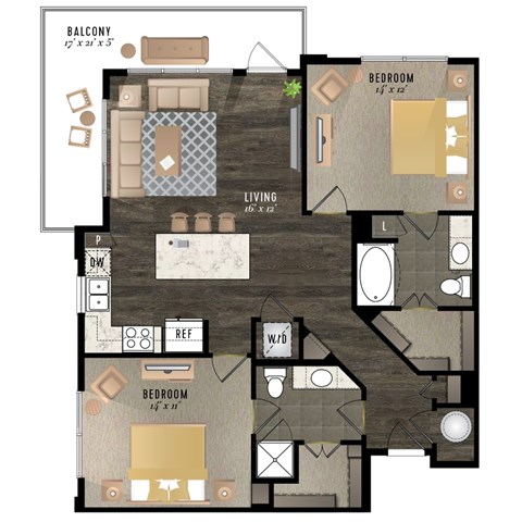 Floor plan for 2 beds, 2 baths, 1093 sqft